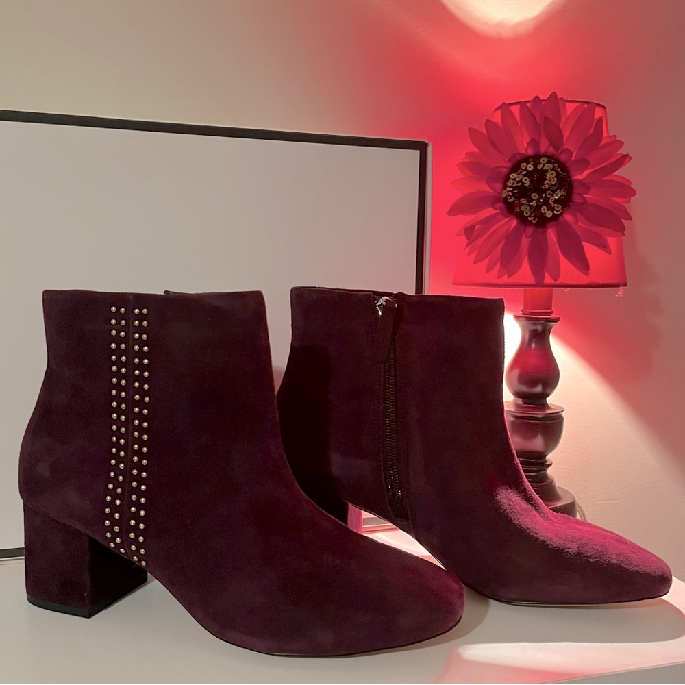 WHBM Studded Suede Booties, New w/o Box, Size 8.5, Cabernet. Stunning!